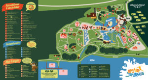Karta över Leksand Sommarland 2023 med alla attraktioner, karuseller, vattenland, restauranger och Siljan.